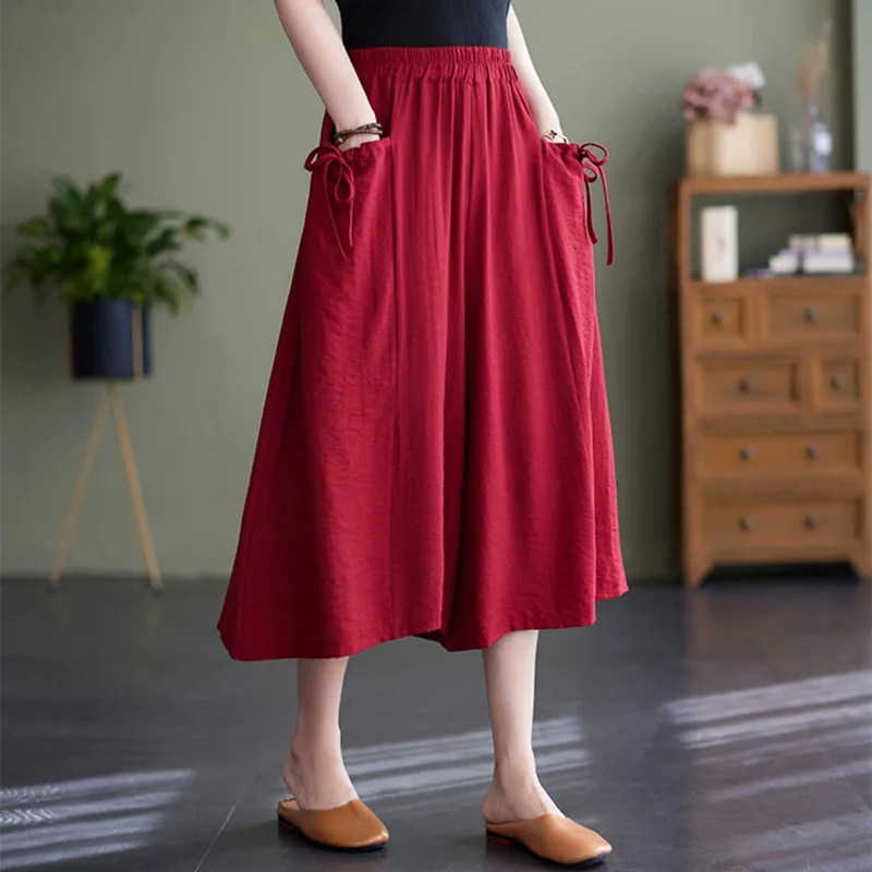 

Summer Cotton Wide Leg Trousers for Women 2023 High Waist Oversize Pants-skirt with Pocket Baggy Capris Pants Women's Joggers