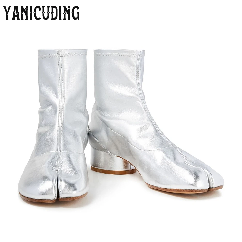 Metallic Silver Stretch Leather Sock Tabi Boots Ankle-High Cylindrical Block Heel Women Booties Cleft Square Toe Stitching Boots