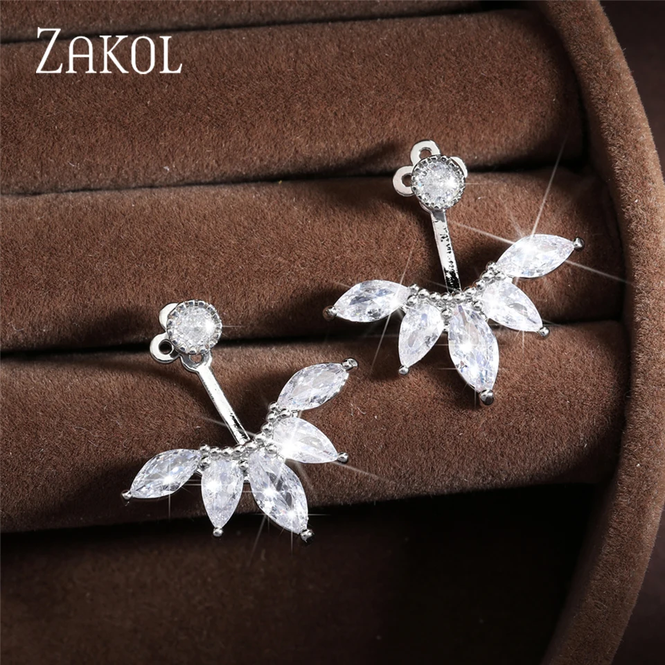 ZAKOL Fashion Zirconia Women Jewelry Exquisite White Color CZ Zircon Leaf Earrings Jackets For Party Wholesale Price FSEP489