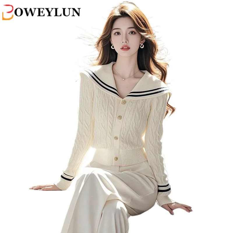 

BOWEYLUN Spring and Autumn Princess Style White Navy Neck Knit Sweater Women Korean Style Slim Cardigan Bottom Shirt For Girls