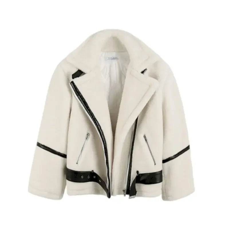 

Korean Retro Loose Plus Velvet Motorcycle Jacket Imitation Lamb Fur Coat Womens Fashion Casual Jackets 2025 New Autumn Winter