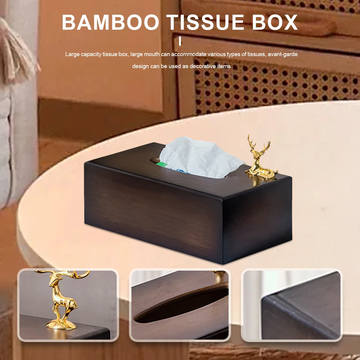 Bamboo Tissue Box Cover Rectangular,Hotel And Household Simple Style With A Gold Alloy Deer,Bamboo Tissue Box Napkin Box