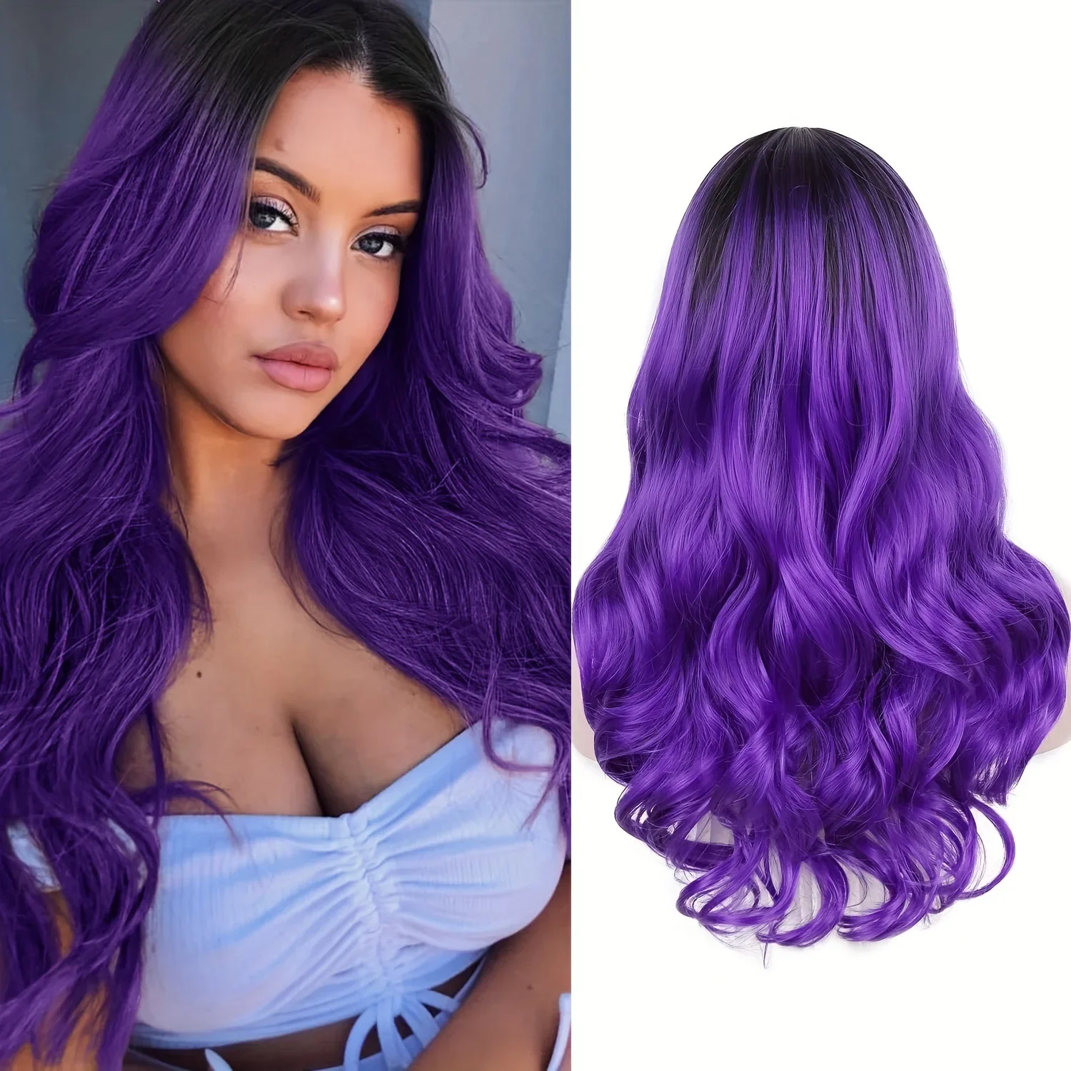 Peruca sintética ondulada longa para mulheres, preto a roxo, perucas coloridas de cabelo encaracolado, resistente ao calor, peruca diária para festa