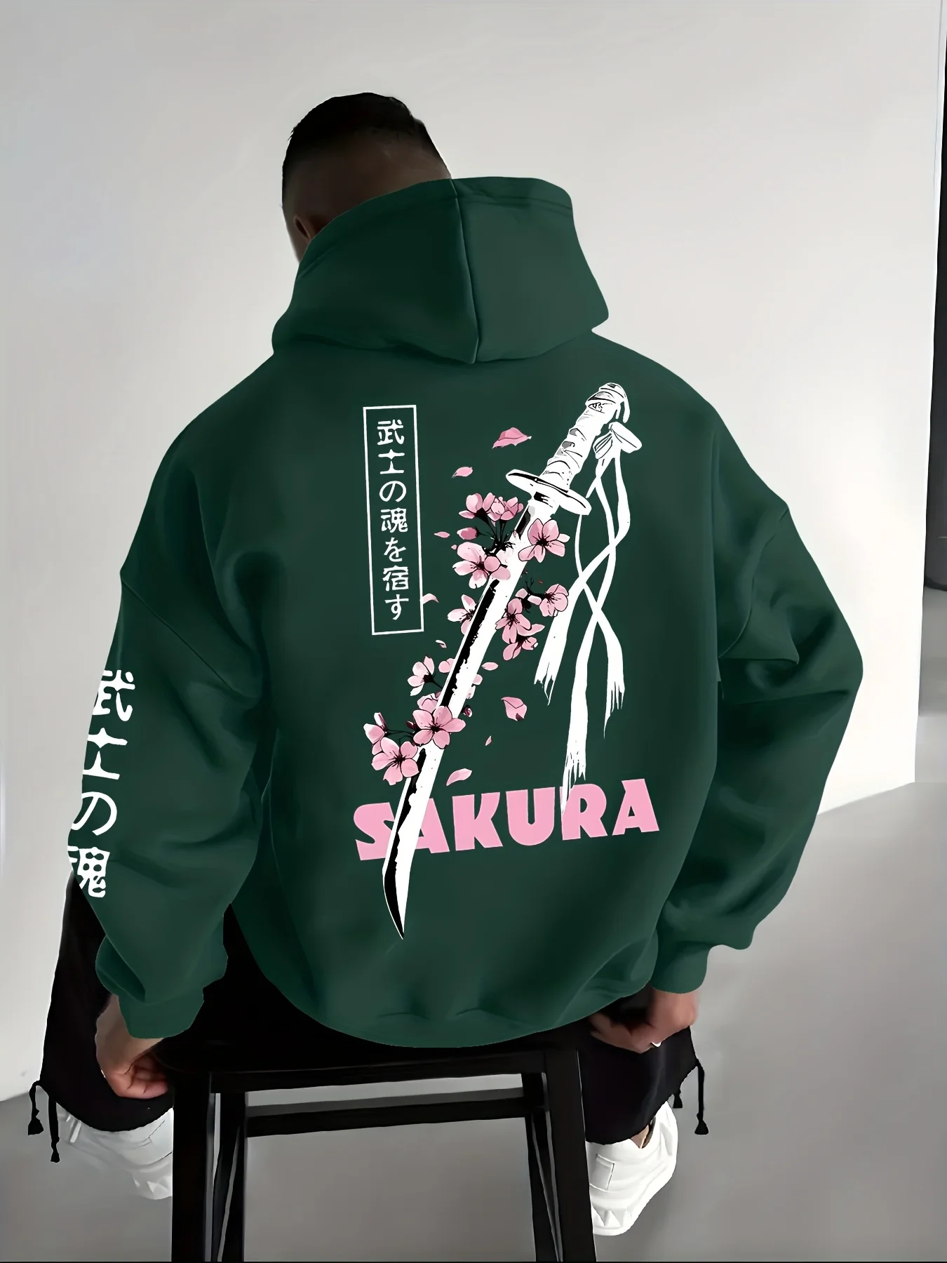 Autumn Winter Men Hoodie Japanese Samurai Sword Cherry Blossom Print Sweatshirt Casual Streetwear Long Sleeve Hooded Pullover