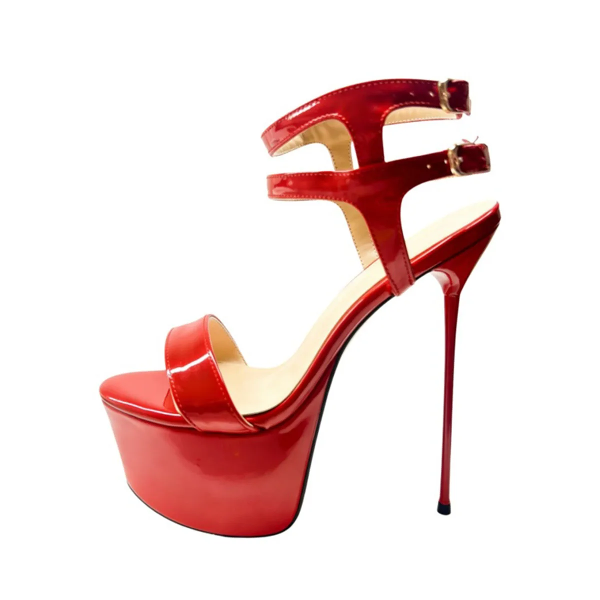 

Arden Furtado Summer Red Patent Leather Platform Banquet shoes round toe Super high heel Belt buckle Roman sandals Large size