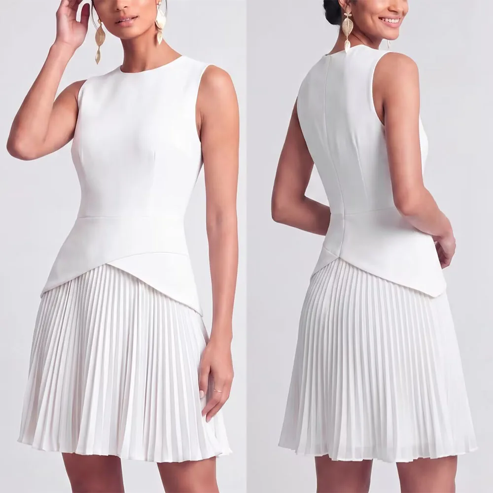 High Quality Customized O-neck Knee Length White Pleat Sleeveless A-line Robes De Soirée Vestidos Para Bodas Mujer Invitada 원피스