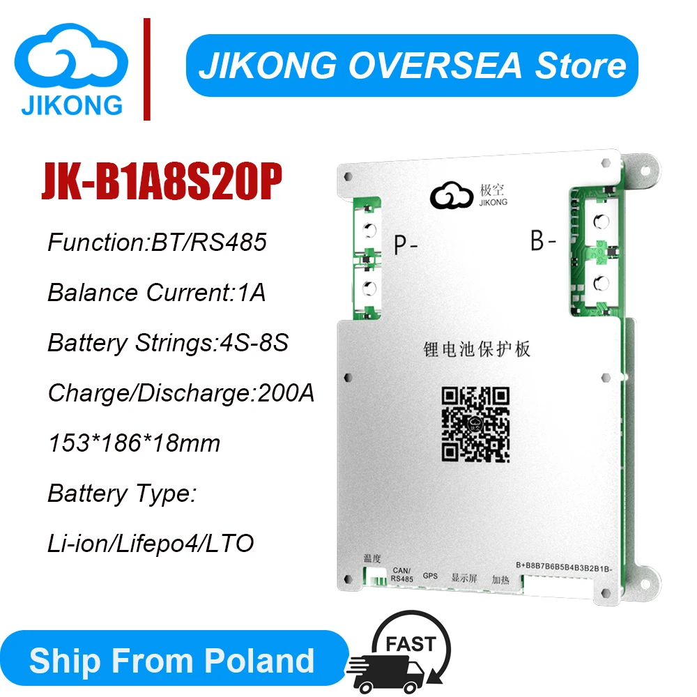 JIKONG JKBMS B1A8S20P 4S 7S 8S 12V 24V 100A 200A for Lifepo4 Li-ion LTO Battery With 1A Actice Blance Smart BMS RS485 HEAT CAN