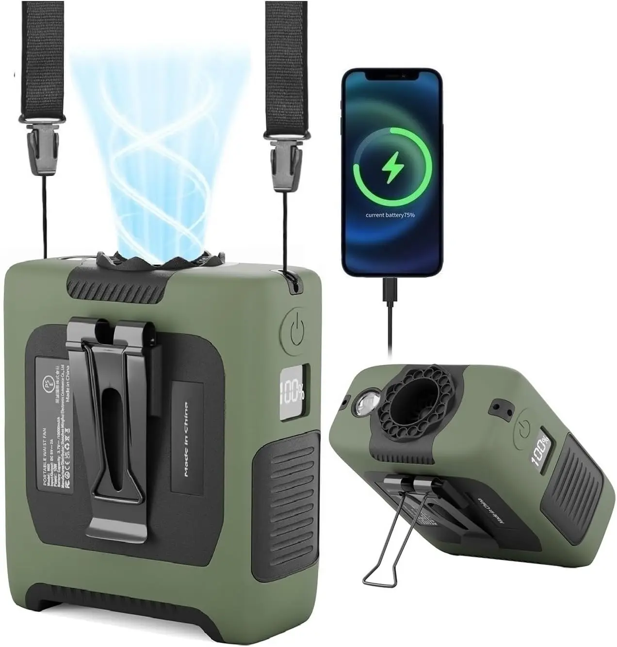 

Portable fan, wearable personal fan, 5-speed, cooling waist fan for camping and travel, LED power display 7200mAh rechargeable