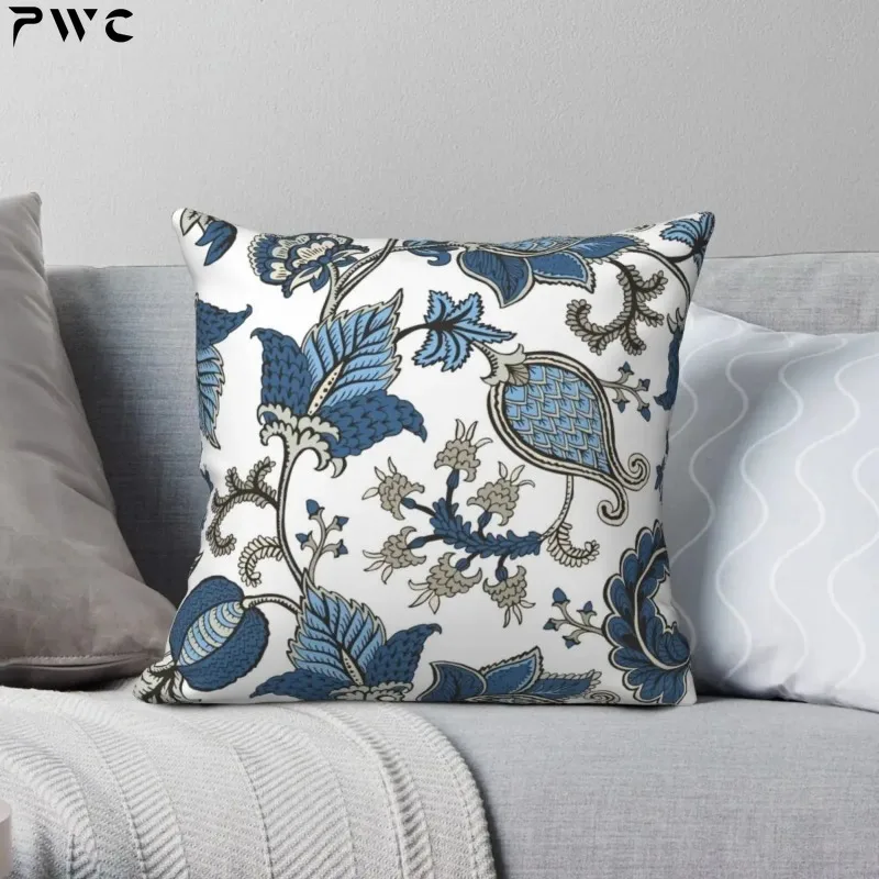 

Hamptons Blue White Floral Square Pillowcase Printed Zip Decor Room Cushion Cover 18x18 Inch