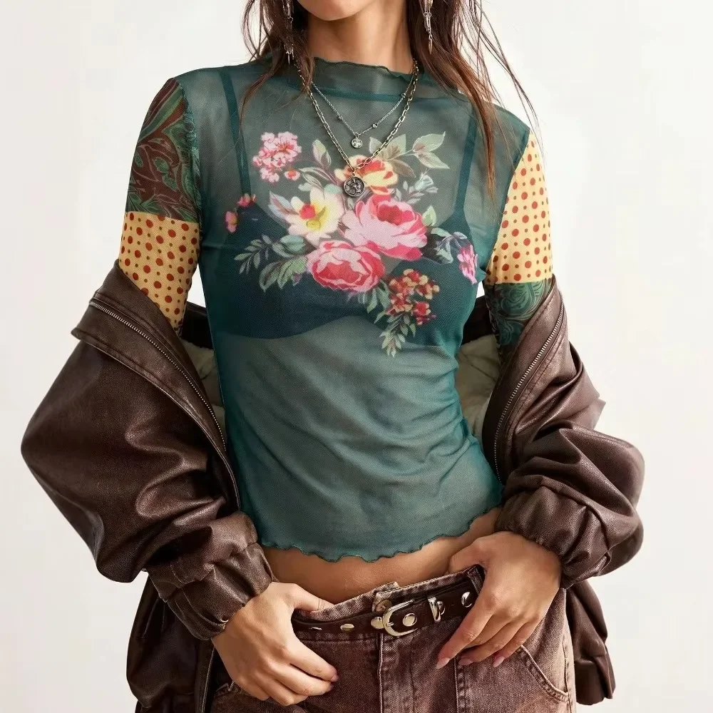 Women New 2026 Autumn Mesh Print Long Sleeve T-Shirt Ruffled Edge Slim Fit Casual Daily Office Work Minimalist Chic Ladies Top