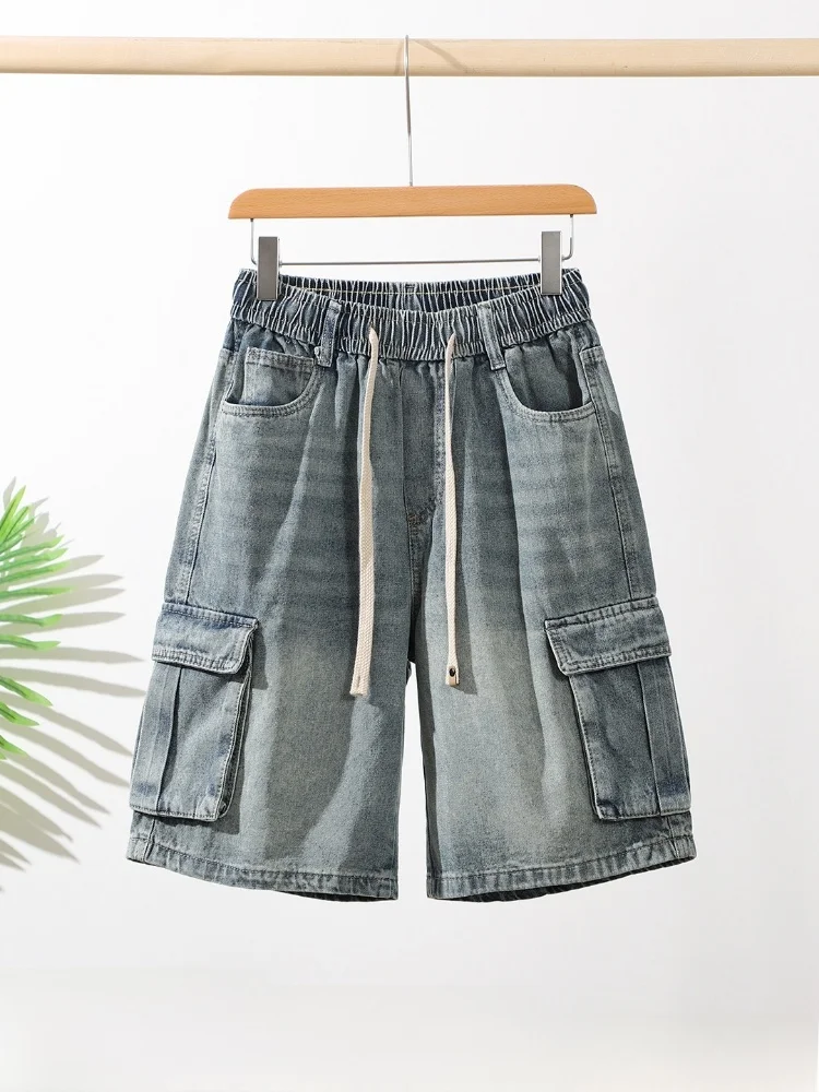 Retro American Style Enzyme Washed Cotton Shorts Men's Casual Large Pocket Workwear Denim Shorts Summer Straight Leg Elastic ...
