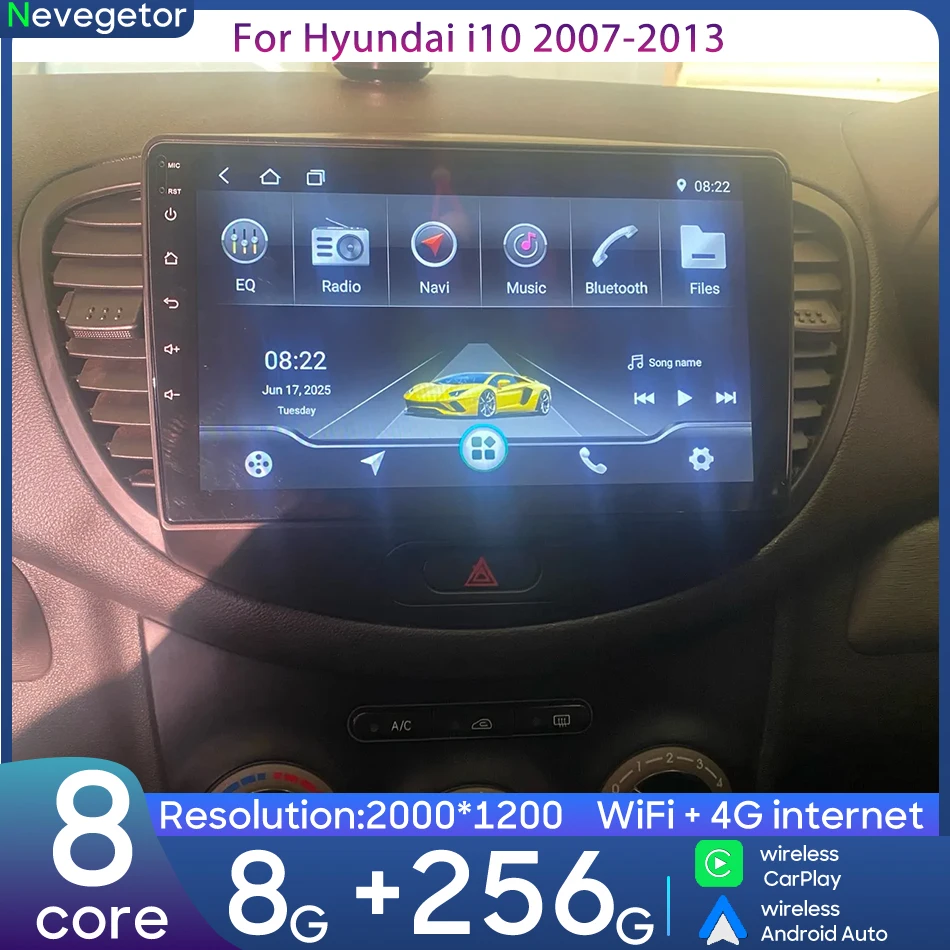 

For Hyundai i10 2007-2013 Car Multimedia Player GPS Navigation Android Radio Car Video Player Stereo Wireless CarPlay Auto