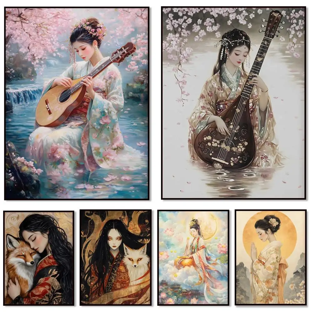 Póster de corte en madera de la diosa del arroz Inari Amaterasu, decoración de pared de dioses Shinto japoneses, impresión artística de diosa musical Benzaiten