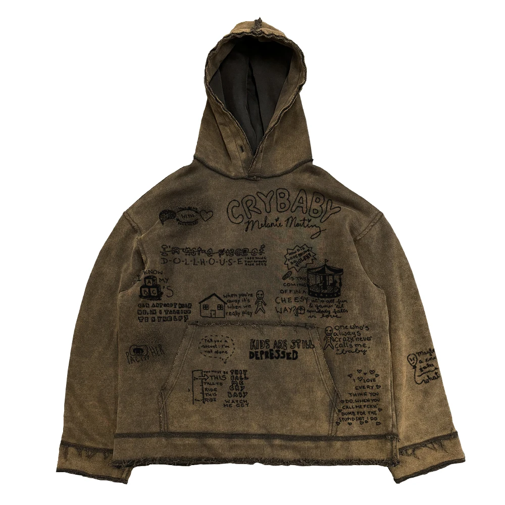 

Худи-свитшот Wang Studio в винтажном американском ретро-стиле, с эффектом потертости, свободного кроя, с принтом, повседневный, из хлопка и полиэстера