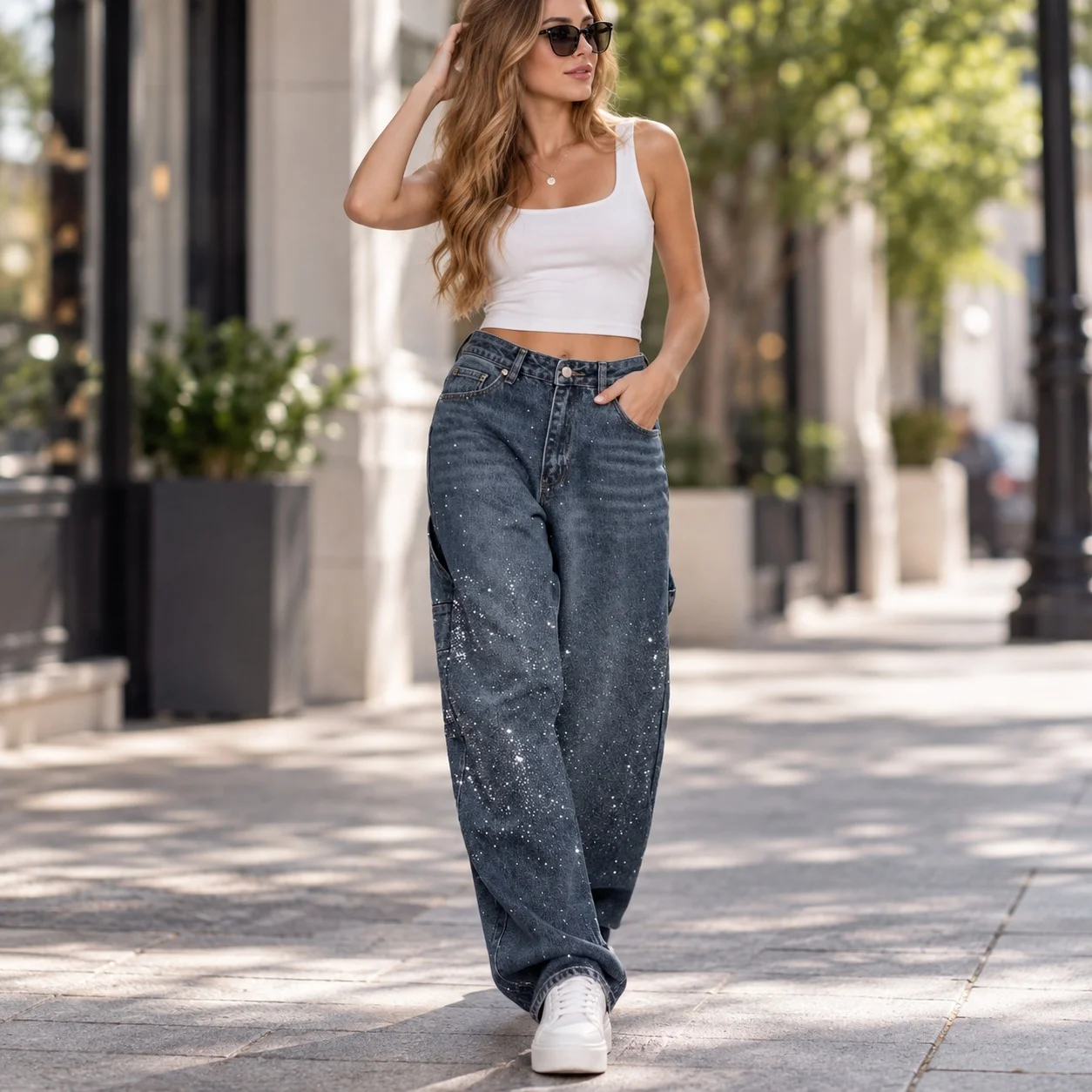 Casual High Waist Jeans Straight Leg Elegant Commuter with Lightweight Rhinestone Embellishment Full Length Spring Women Jeans