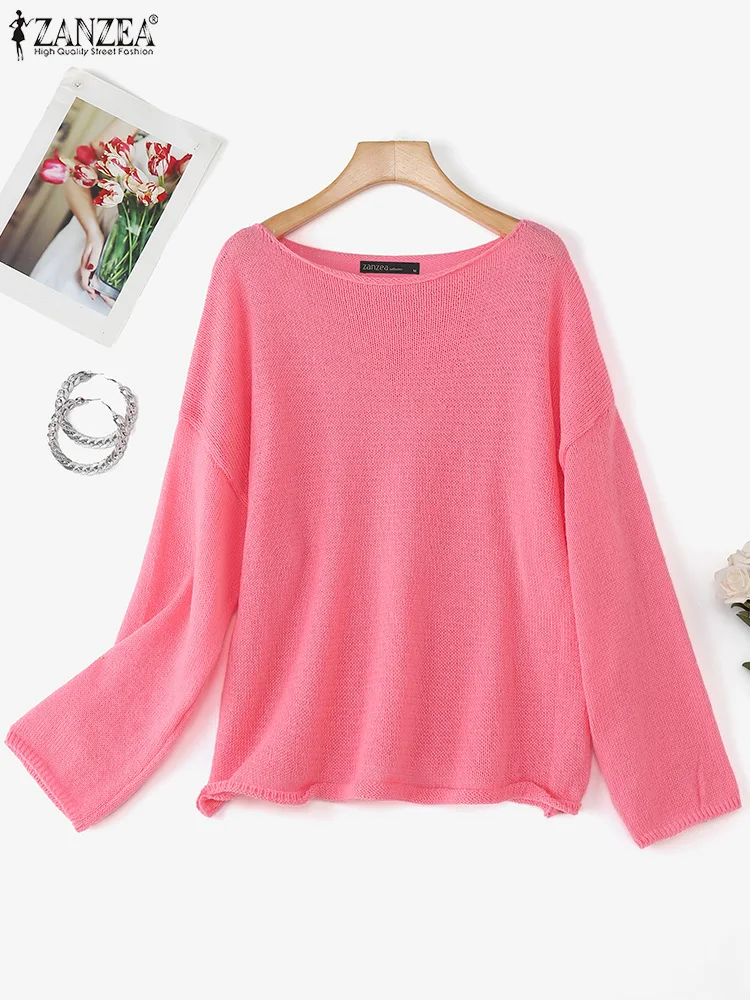 

2025 ZANZEA Women Fashion Knitted Pullovers Sweaters Autumn Hollow Out Casual Loose Solid Color Shirts Long Sleeve Knit Jumpers