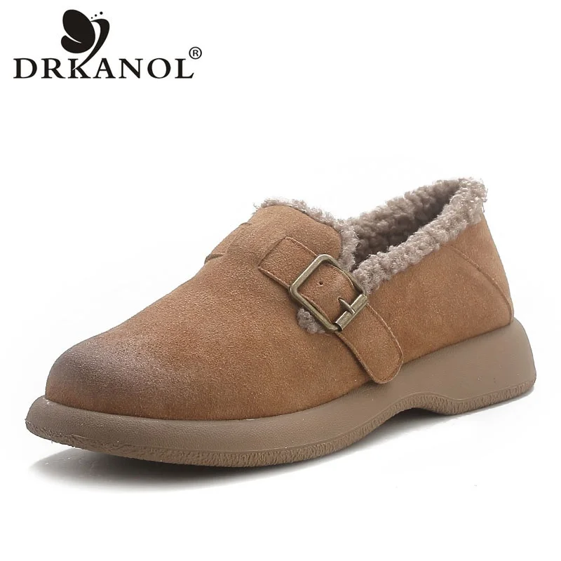 

DRKANOL Women Winter Fluffy Fur Warm Shoes Quality Cow Suede Round Toe Flats Heel Loafers Ladies Thick Sole Retro Cotton Shoes