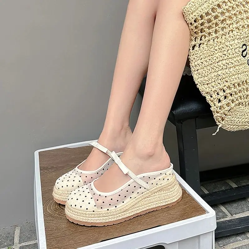 

Fashion Mesh Hemp Rope Wedge Slippers Woman Round Toe Slingback Pumps Chunky Summer Shoes Leisure 8CM Platform Heels Sandals