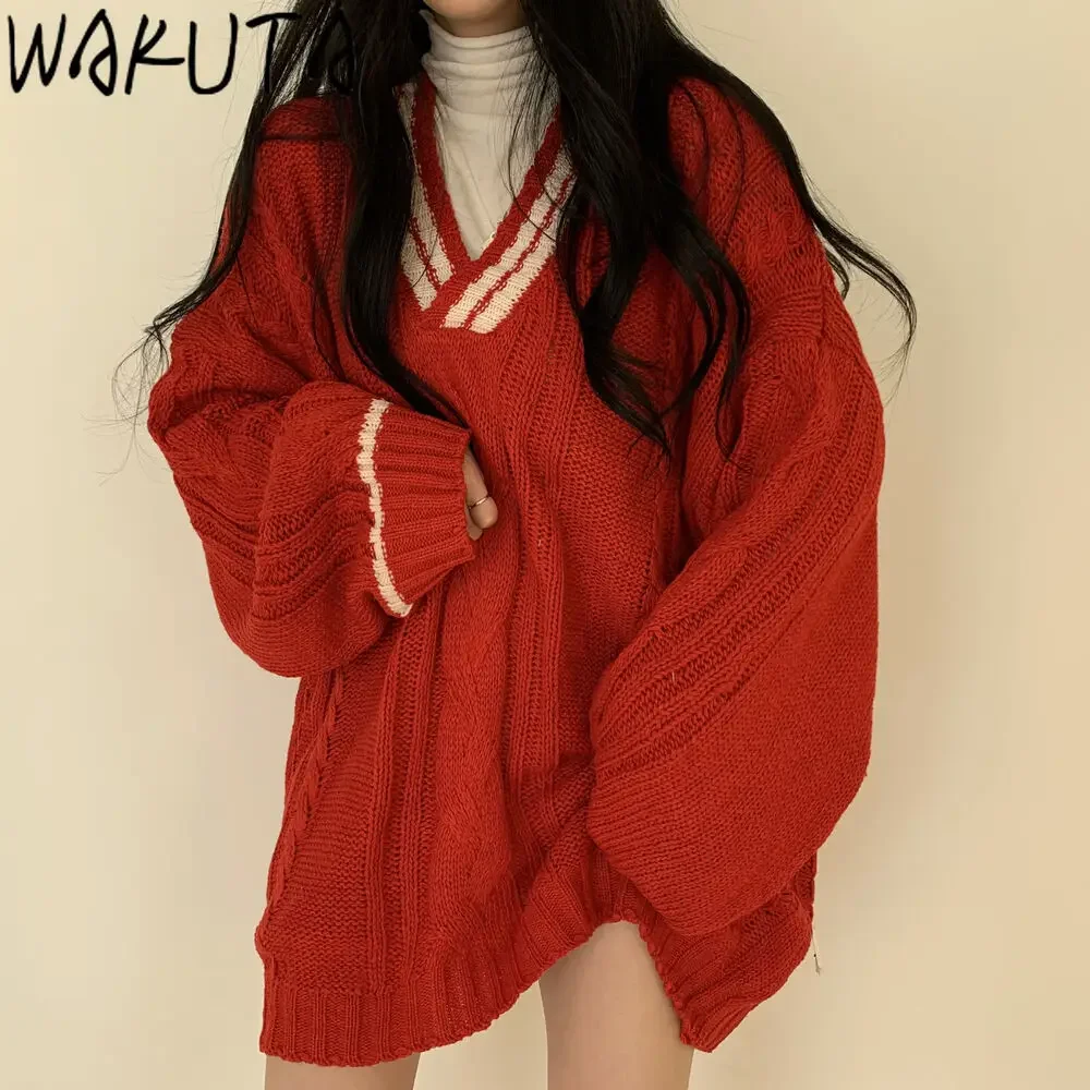 WAKUTA Korean 2024 Women Sweater Oversized V Neck Puff Long Sleeve Pullovers Autumn Winter Vintage Thicken Knitted Tops Elegant