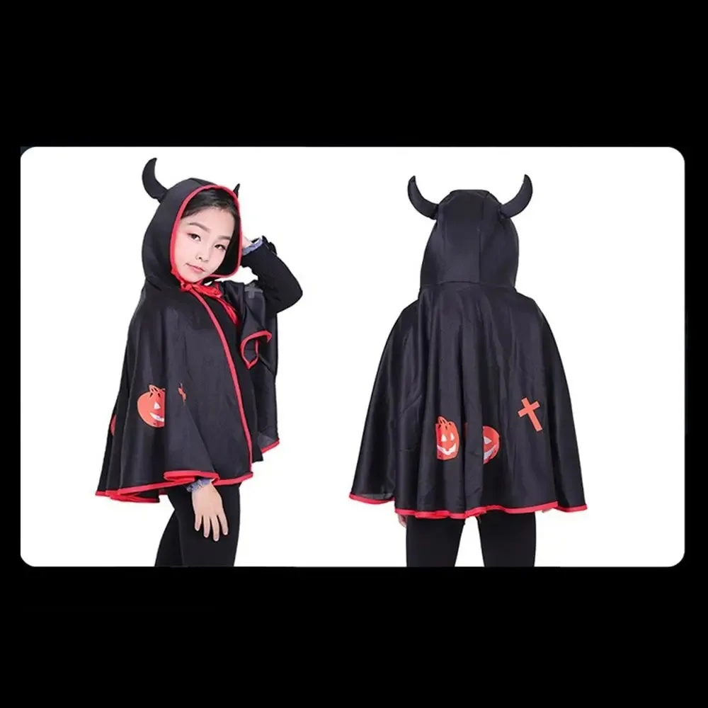 Funny Pointed Hat Halloween Bullhorn Cloak Cosplay Pumpkin Devil Cloak Hooded Hooded Cloak Cape for Kids