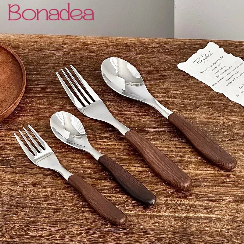 Wooden-Look Long-Handle Spoon Stainless Steel Steak Fork Household Dinner Spoons Restaurant Tableware Set
