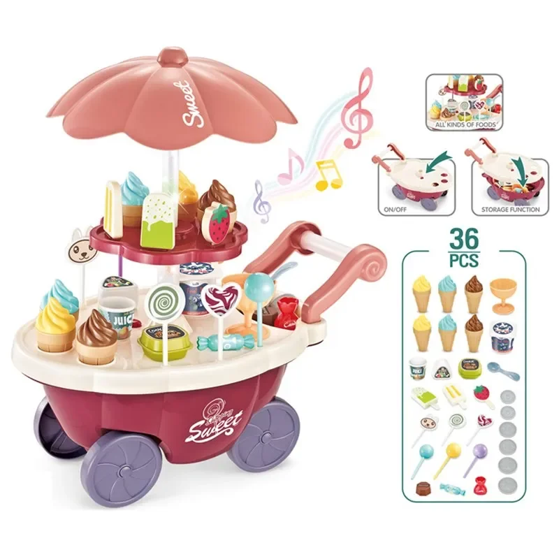 Ice Cream Montessori Toddler Toys Kitchen Toys Pretend Play Food Ice Cream Cart with Storage Trolley Toy Set for Children Gifts