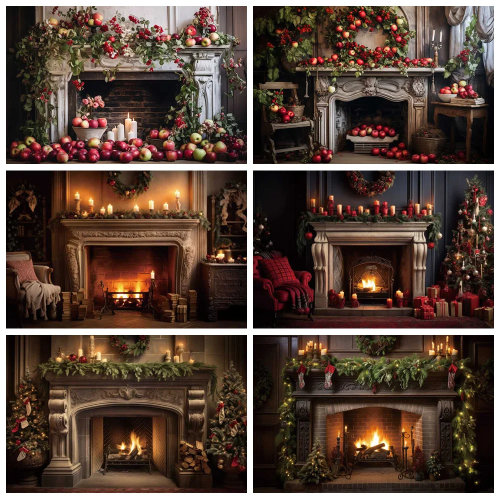 

MOON.QG Christmas 2026 Backdrop Vintage Fireplace Fire Candle Apple Photography Backgrounds Shooting Props Photozone Party Decor