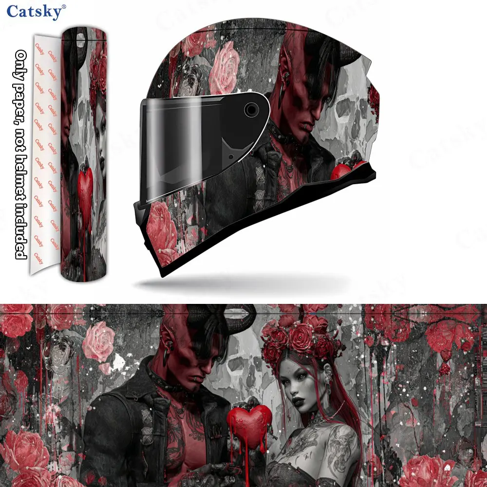 

Demon Lover with Rose Helmet Vinyl Wraps, Waterproof Scratch-Resistant Full Face Helmet Decals, Durable PVC Decoration Protectio