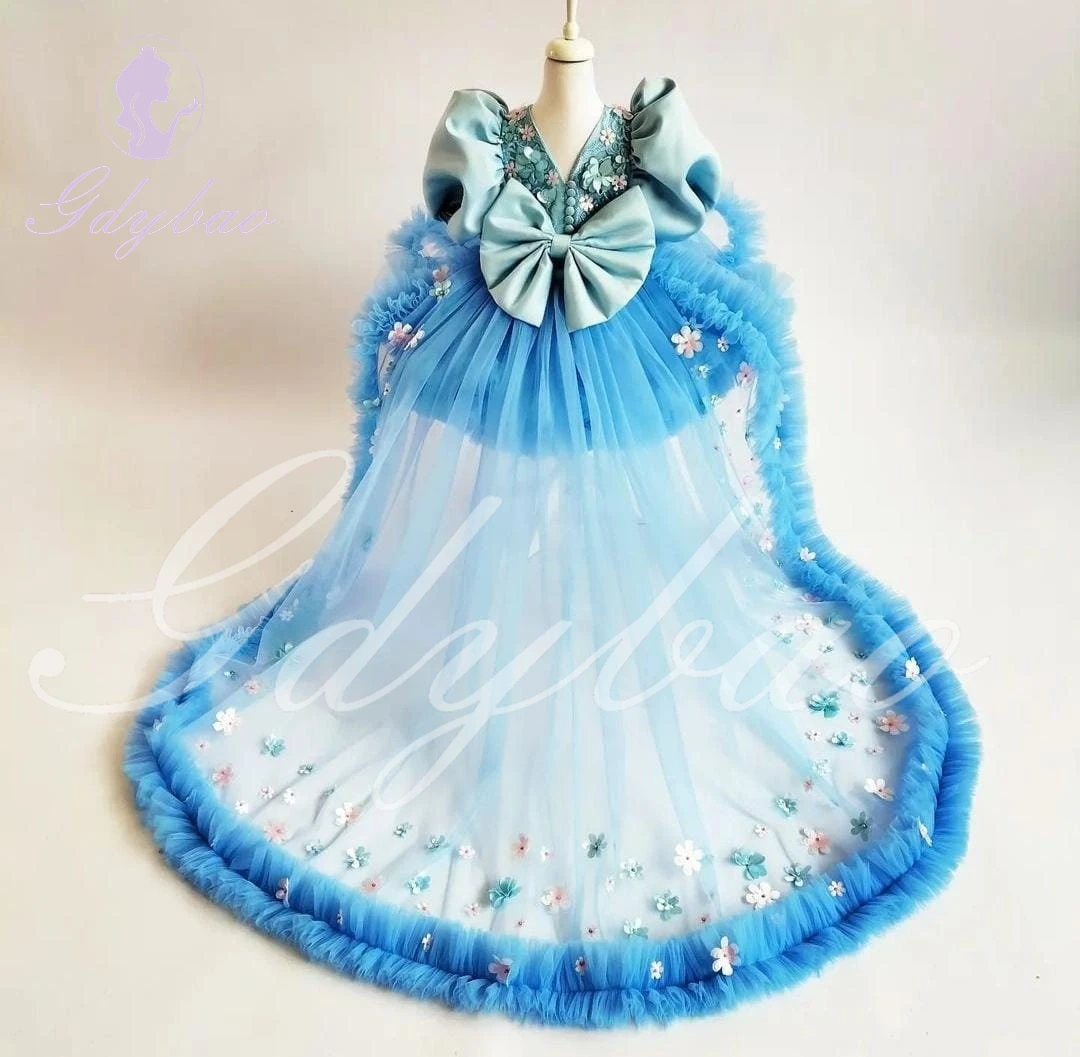 Céu azul flor menina vestidos para casamento apliques com arco mangas curtas crianças festa de aniversário primeira comunhão vestido de baile