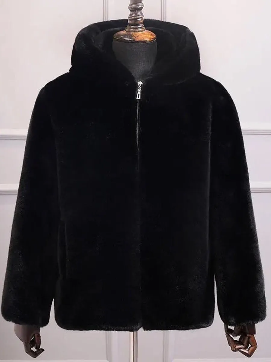 Faux Fur Fluffy Hooded Coat Autumn Winter Men Black Fake Fur Mink Fur Jacket Oversize Mens Plush Windbreaker Zip Up Top Overcoat