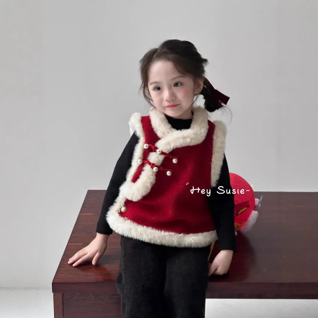 Vest Encore Red New Chinese Style Ancient Style Warm and Fluffy New Year Vest Qipao Vest New Style Keep Warm
