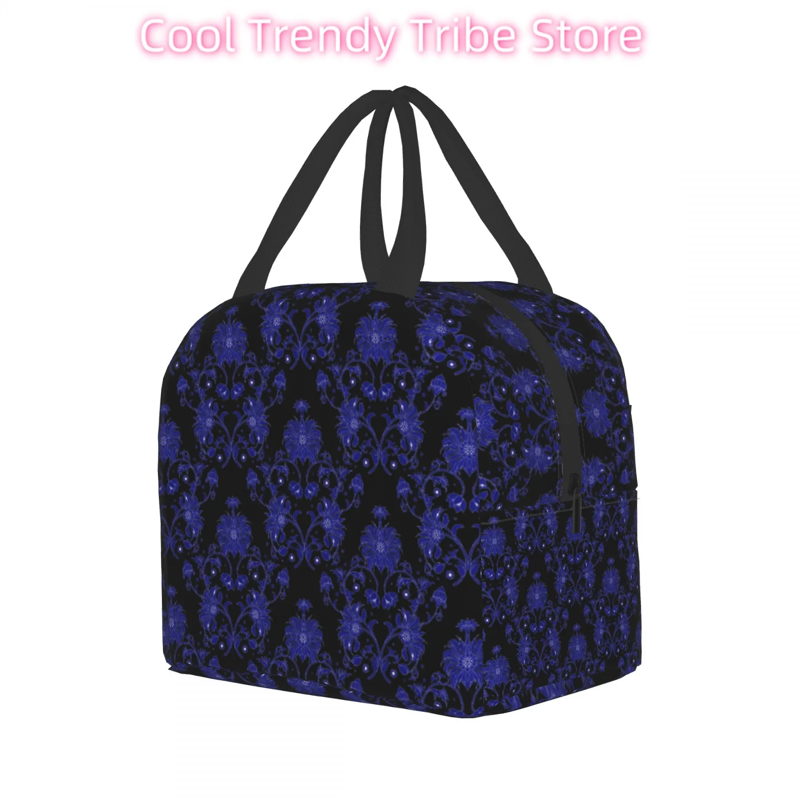 Black Lunch Bag with Blue Vintage Floral Pattern, Elegant Retro Design, Front Phone Pocket, Ideal for Daily Use, Thermal Tote
