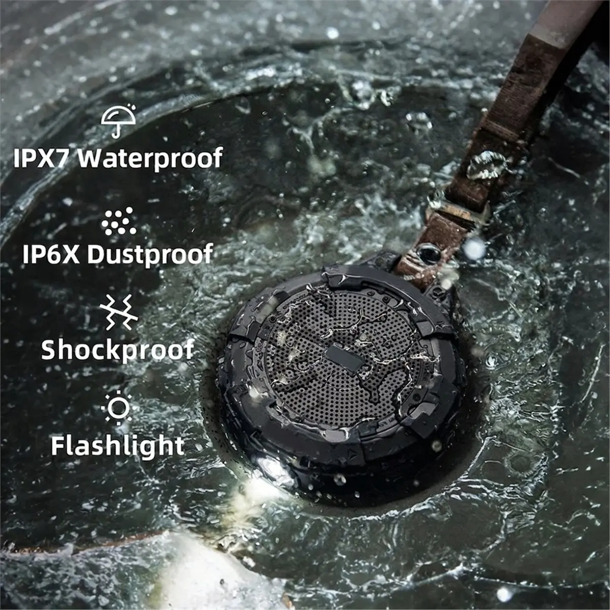 Portable Bluetooth Speaker with Flashlight, Waterproof, Shockproof, and 25-Hour with Bold