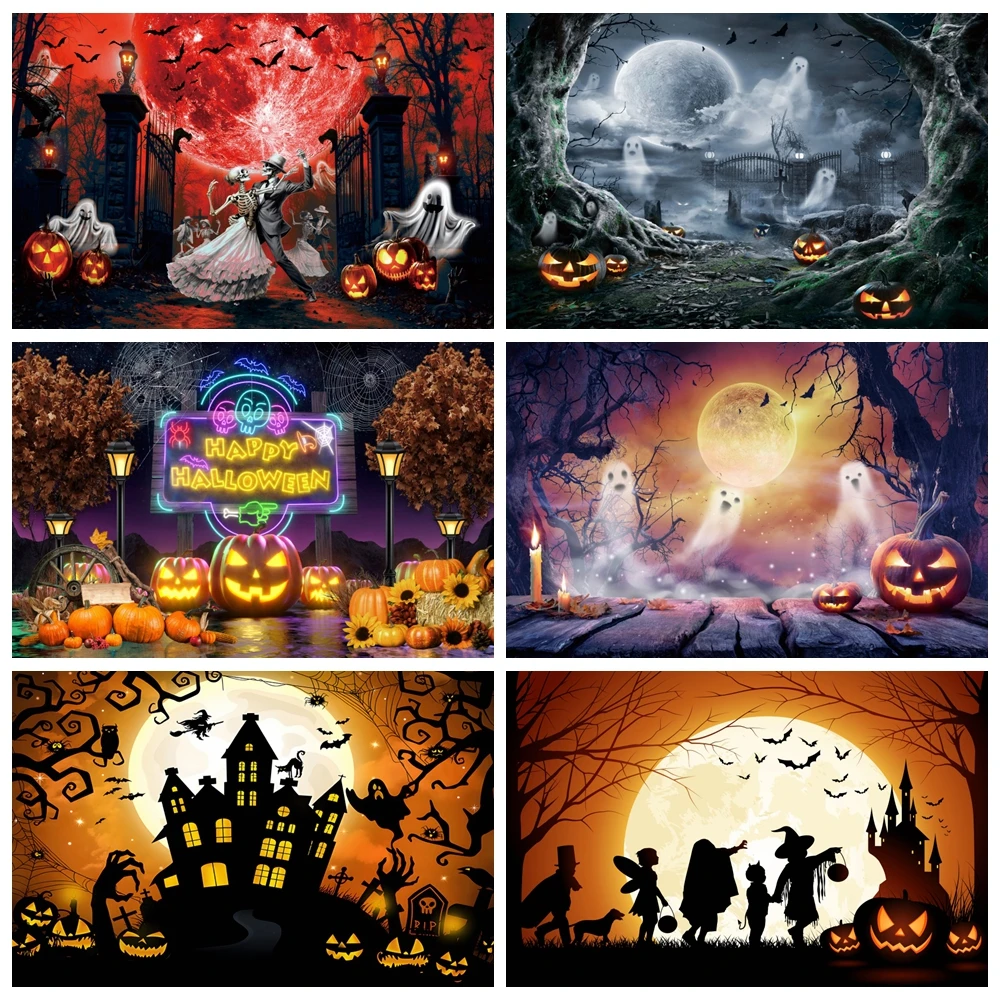 

Happy Halloween Backdrop for Kids Horror Moon Night Witch Bat Spooky Castle Scary Pumpkin Cemetery Photography Background Props