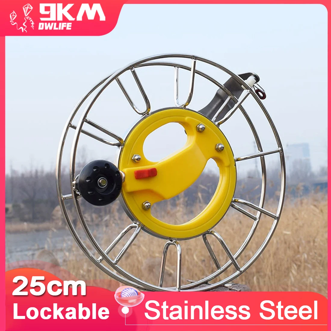 รอกชักว่าวสแตนเลสสตีลกลางแจ้งล็อคได้9กม. 25ซม. อุปกรณ์เสริมการบินพร้อมสายว่าวเคฟลาร์1000ft/304ม.