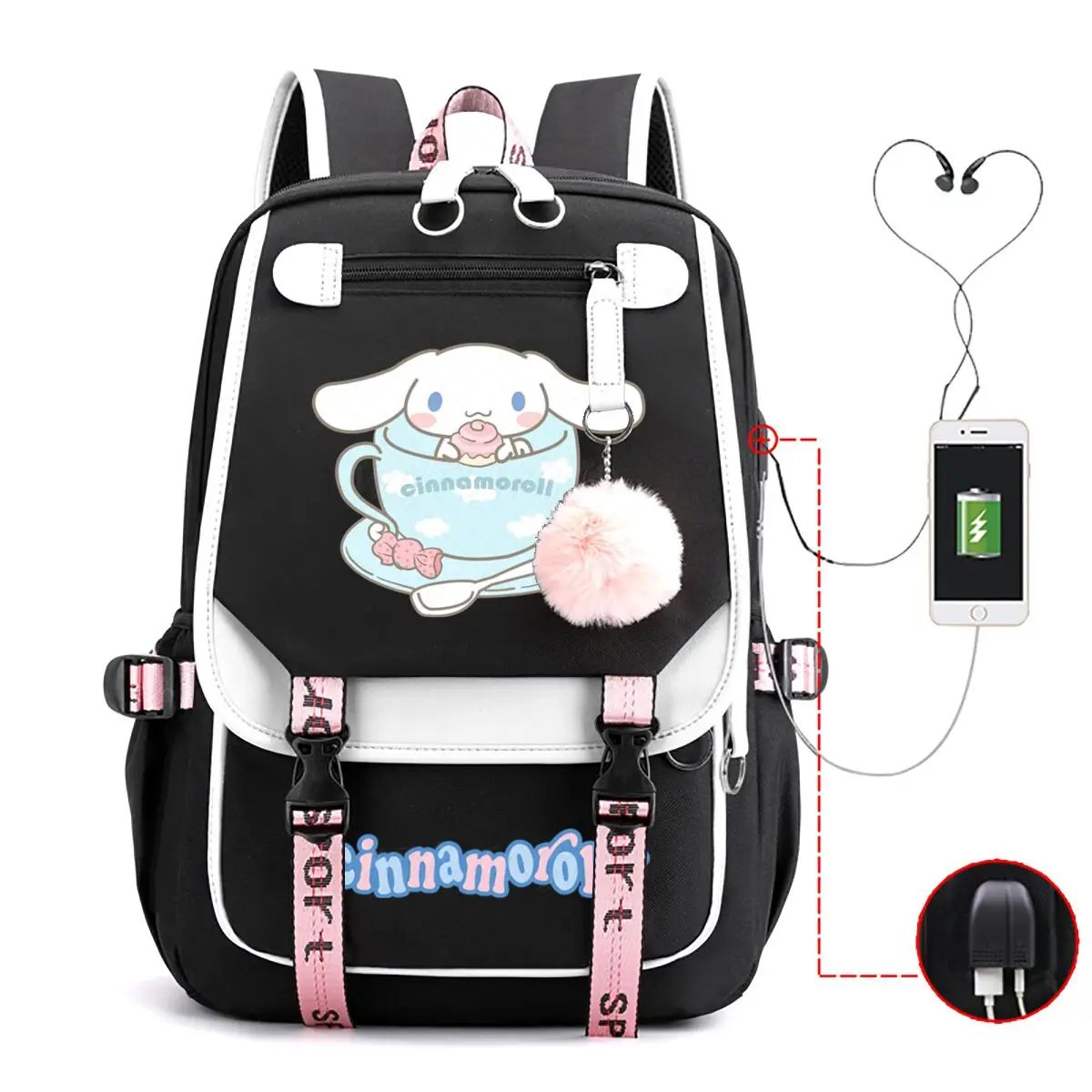 

Cute Cinnamoroll School Backpack Women Girls USB Charging Bags Large Capacity Laptop Bags Children Teeneger Cartoon Schoolbags