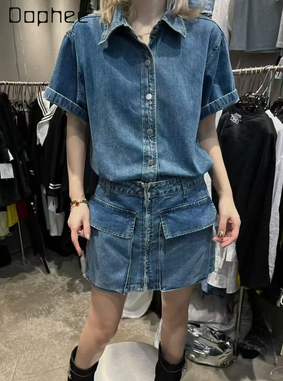 

Korean Ins Trend Denim Dress Commuter Temperament Polo Collar Single Breasted Short Sleeve High Waist Mini Dress A-line Dresses