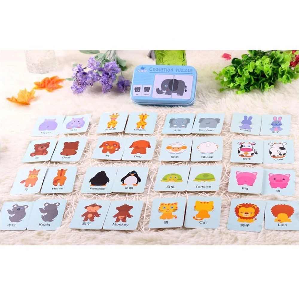 32pcs Baby Cognition Puzzle Toys Toddler Kids Iron Box Cards Matching Game Cognitive Card Car Fruit Animal Life Puzzle