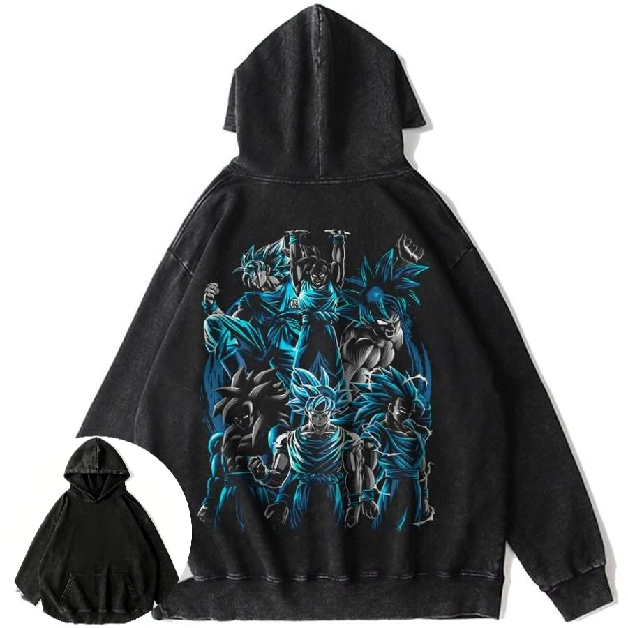 Mens Dragon Ball Z Hooded Sweatshirt Vintage Washed Cotton Loose Fit Streetwear Anime Character Group Back Print Y2K Top