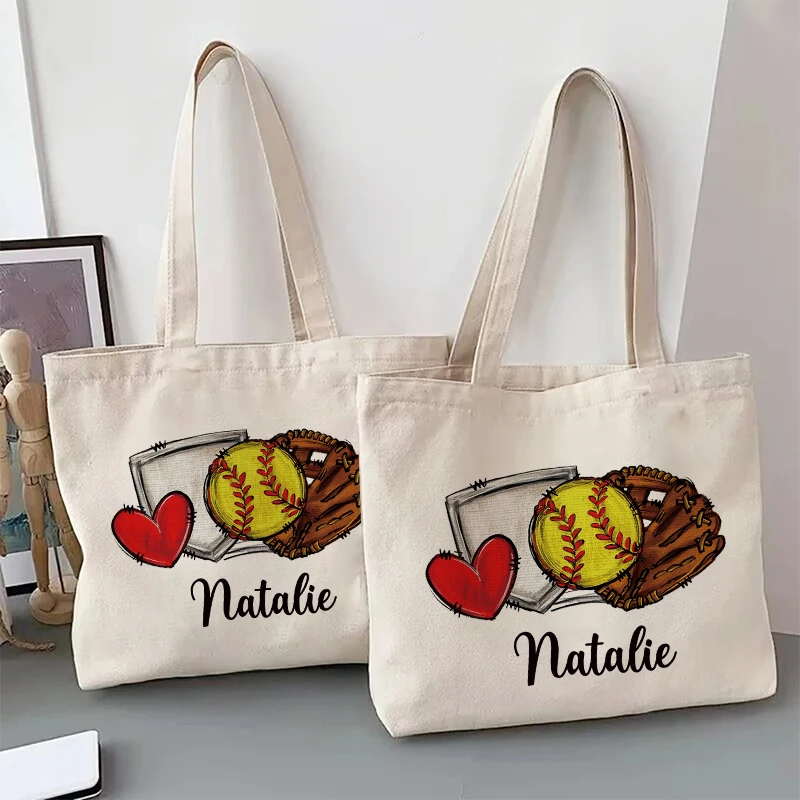 Personalized Softball Player Custom Name Canvas Tote Bag Softball Team Gift Foldable Shopping Bags Softball Mom Gift Handbag