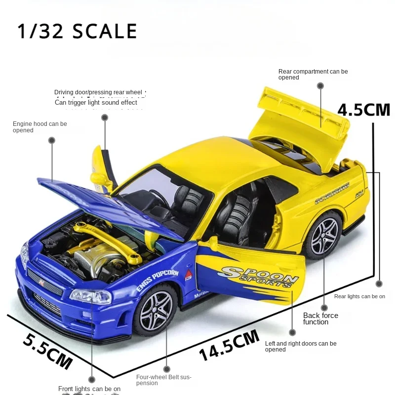 Velocidade selvagem 1/24 nissan skyline GT-R r34 liga modelo de carro 1/32 jdm coletivo miniatura voiture diecast brinquedo veículo menino decoração