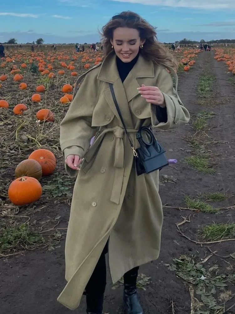 

Тренч на шнуровке, шерстяное пальто с большими лацканами на талии, однобортное пальто средней длины, модная свободная осенне-зимняя верхняя одежда