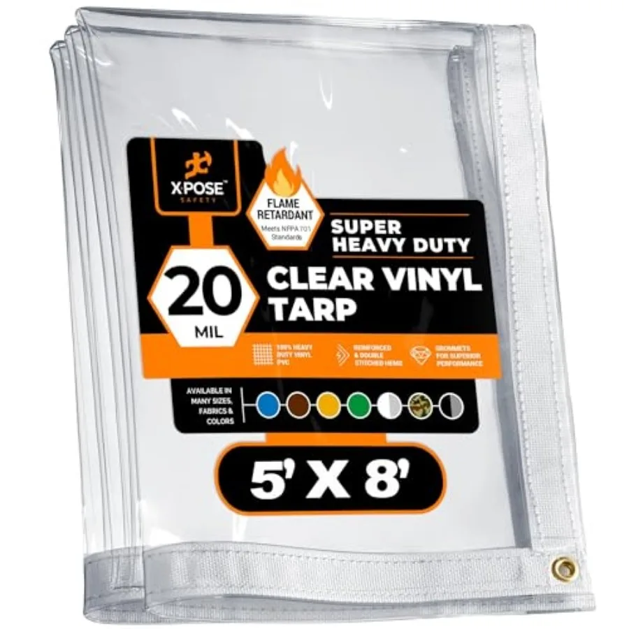 5' x 8' Clear Vinyl Tarp - Super Heavy Duty Transparent Waterproof PVC Tarpaulin with Brass Grommets - for Patio Enclosure, Tem