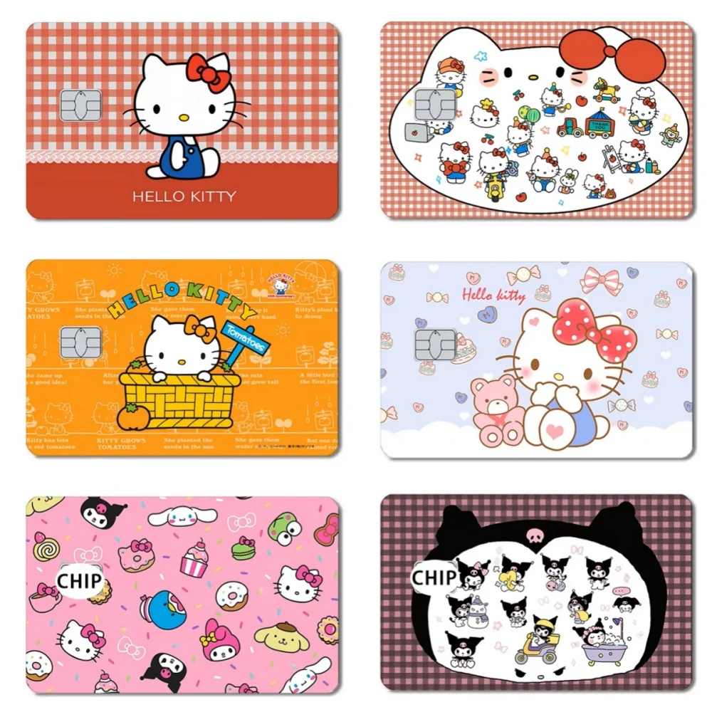 5/10 pçs sanrio cartão aleatório adesivo anime olá kitty cartão de crédito cartão de banco fosco antiderrapante película protetora pele pequeno chip