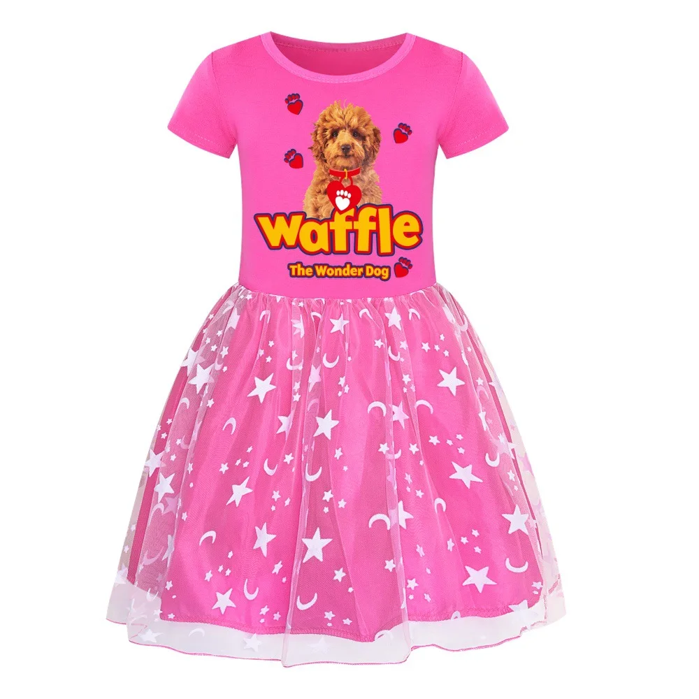 Cute Waffle The Wonder Dog Costume Kids Summer Short Sleeve Dress Baby Girls Carnival Party Clothes Children Halloween Vestidos
