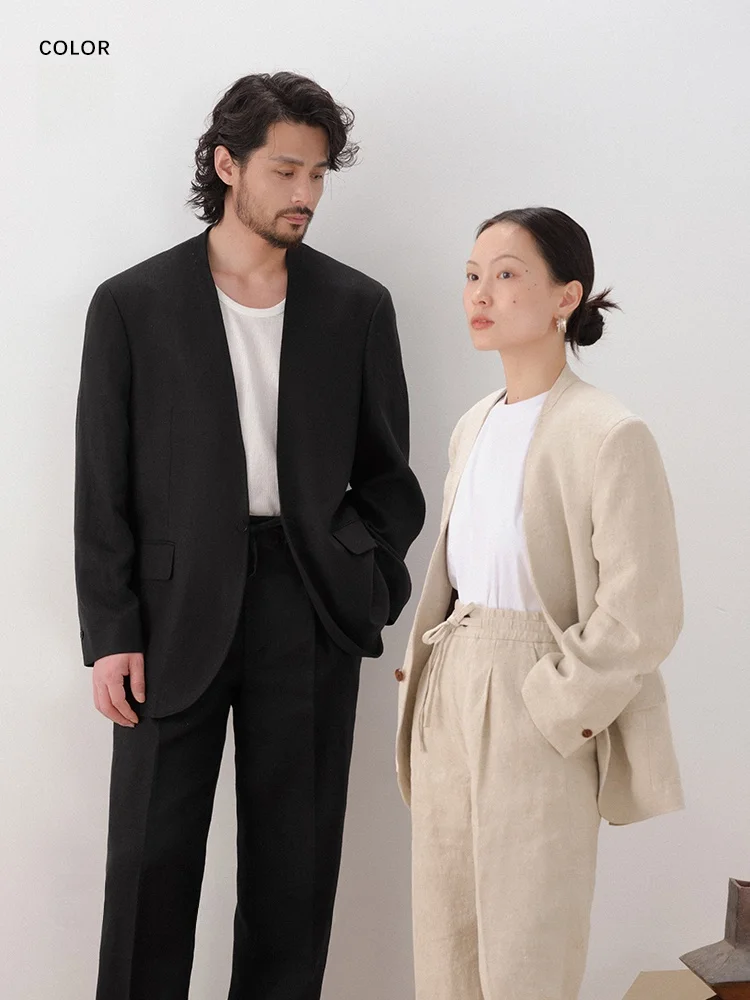 

CULTUM Spring Summer Casual Linen Suit Unisex Neckless Fashionable Urban Style Thin Single Button Pure Color Spring Autumn Wear