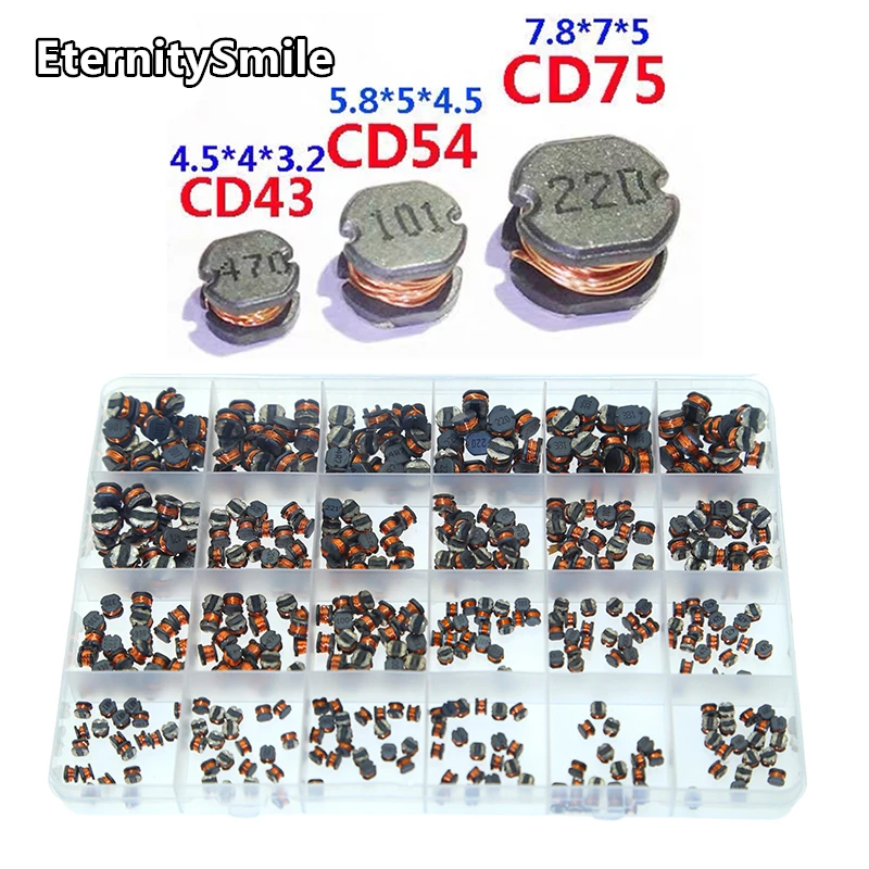 480Pcs/ Box CD43 CD54 CD75 24 Value Power Inductance Shielded Inductor SMD Kit 3.3UH 4.7UH 10UH 22UH 33UH 47UH 100UH 470UH 680UH