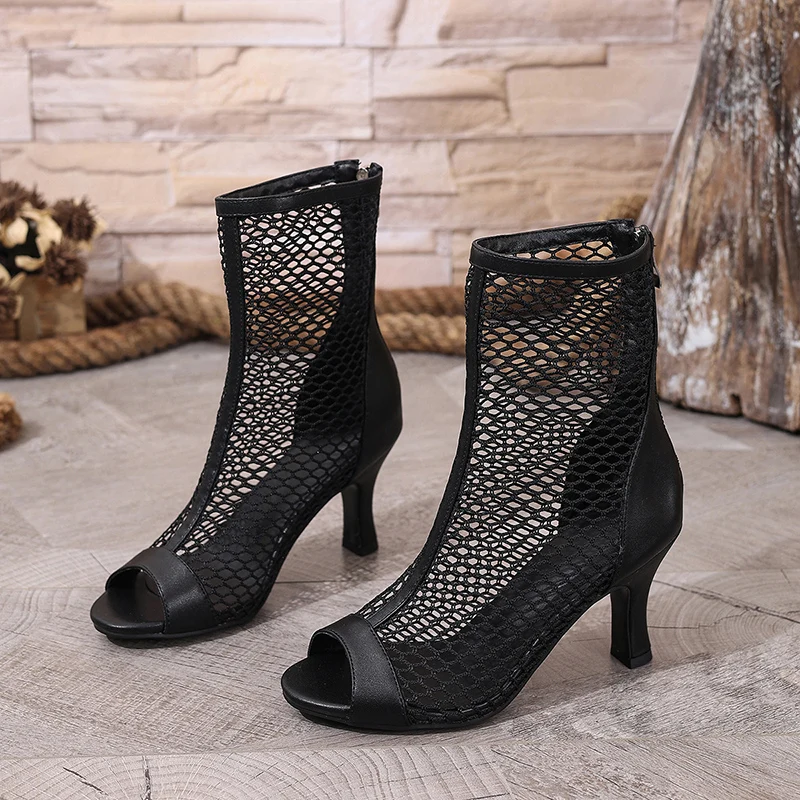 Kcenid Women's High Heel Ankle Boots Peep Toe Sexy Sandals With Hollow Out Mesh Zipper Detail Black/Beige Fashion Footwear