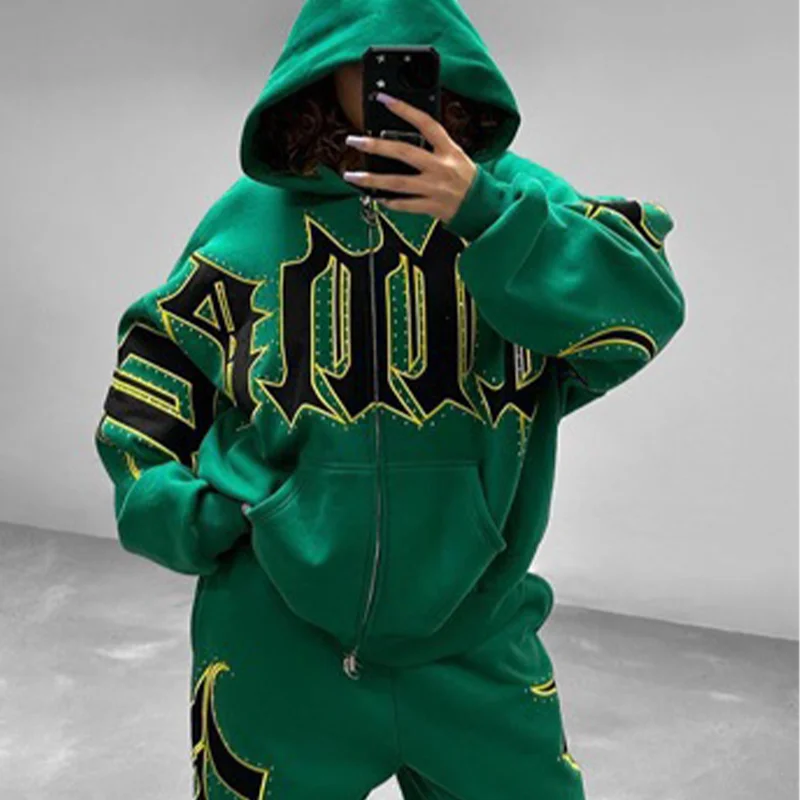 Autumn and winter Y2K European and American street fashion letter zipper combined  printed loose fitting Harajuku  retro  hoodie