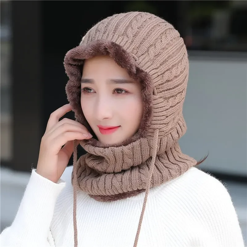 

Women Hats Autumn Winter Headscarve Hat Warmth Knitted Woolen Hat Ear Protectors Neckband Integrated Cycling Windproof Hats